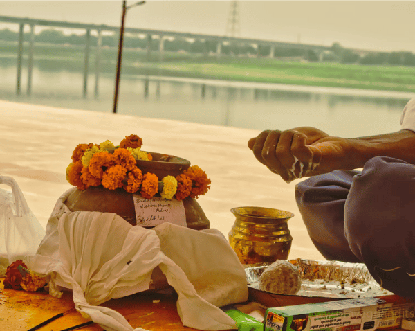 Asthi Visarjan pooja at riverbank.