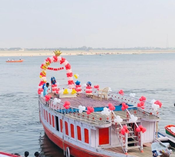 Private Bajra boat anchored near Dashashwamedh Ghat for Ganga Aarti