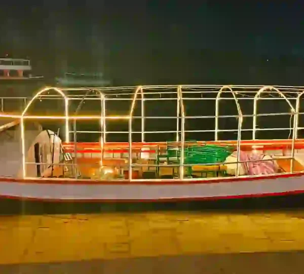 Decorated traditional boat on the Ghats of Ganga in Varanasi