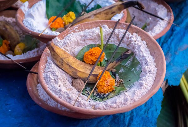 Sacred offerings and rituals setup for Pind Daan in Gaya.