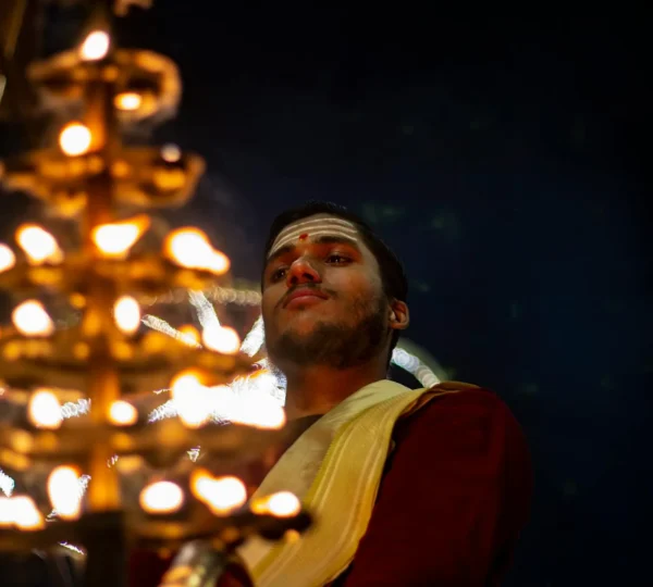 View of the Ganga Aarti at Dashashwamedh Ghat in Varanasi