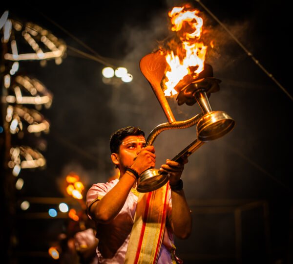 Morning Ganga Aarti ceremony at Assi Ghat in Varanasi