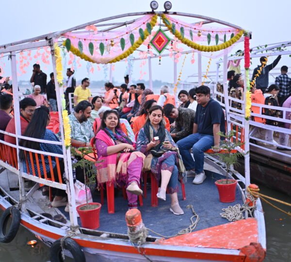 Beautifully decorated motor boat for Dev Deepawali boat ride in Varanasi