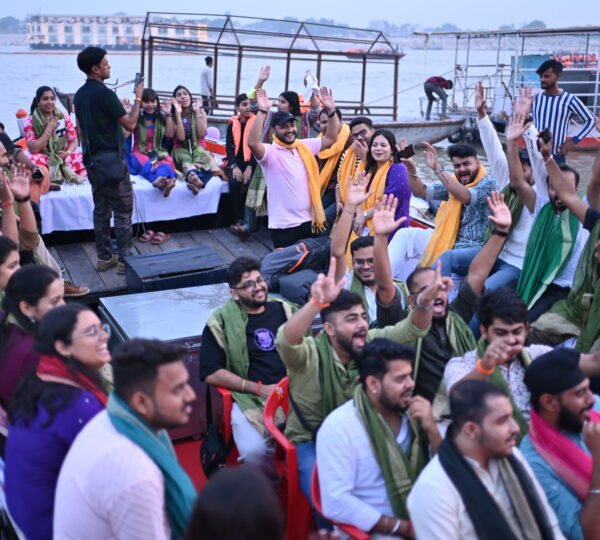 Guests enjoying a private boat ride during Dev Deepawali in Varanasi