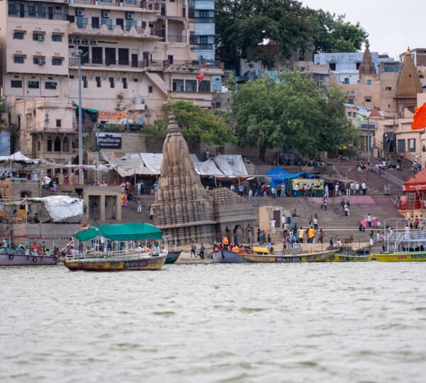 Historic ghats of Varanasi viewed from a private boat on the Ganges