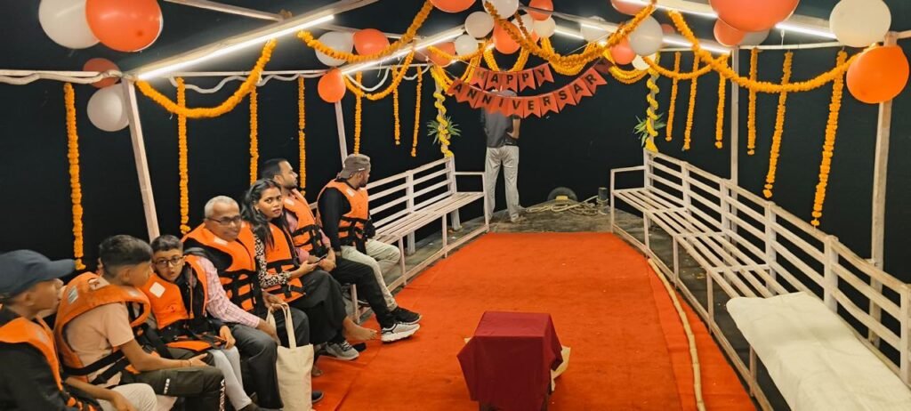 Beautifully decorated boat on the Ganges for surprise birthday or anniversary celebration in Varanasi