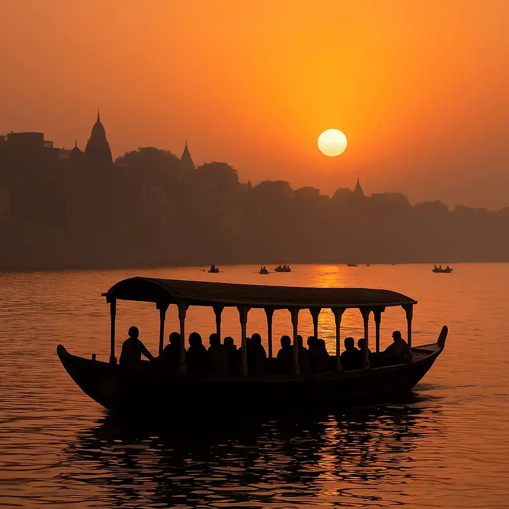 Bajra boat carrying passengers during sunrise on the Ganges River in Varanasi