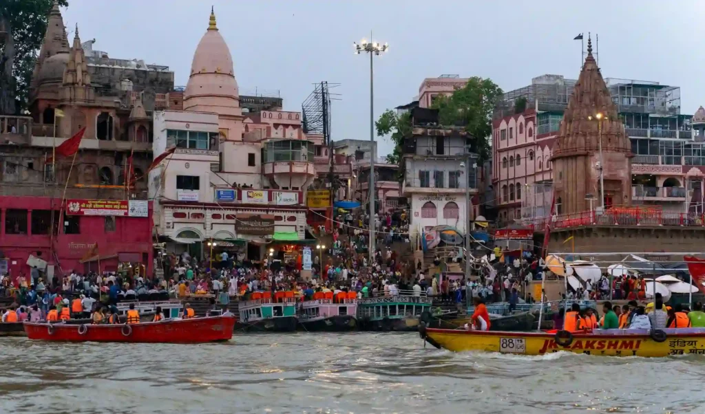 Crowd gathered at Dashashwamedh Ghat in Varanasi for evening Ganga Aarti.