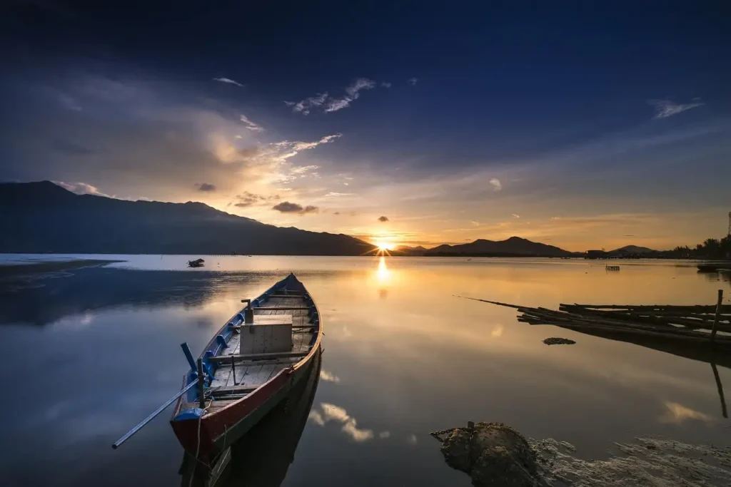 boat with sunrise view on the Ganga river.